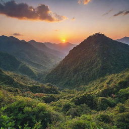 A stunning sunset over a serene mountain range surrounded by dense greenery