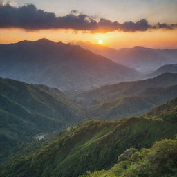 A stunning sunset over a serene mountain range surrounded by dense greenery