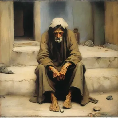The painting portrayed a beggar on the street, looking miserable and destitute.