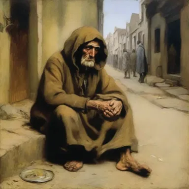 The painting portrayed a beggar on the street, looking miserable and destitute.