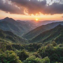 A stunning sunset over a serene mountain range surrounded by dense greenery