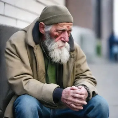 The homeless man was living in a miserable state, seeking solace in prayer and hoping for a better future.