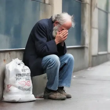The homeless man was living in a miserable state, seeking solace in prayer and hoping for a better future.
