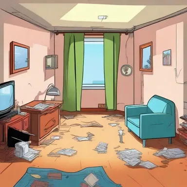 In the cartoon, the main character's apartment was portrayed as being in a miserable condition, with broken furniture and leaky ceilings.