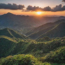 A stunning sunset over a serene mountain range surrounded by dense greenery