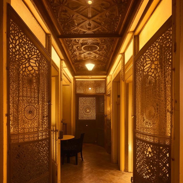 A quaint hotel with intricate partitions, illuminated by soft, yellow lamps