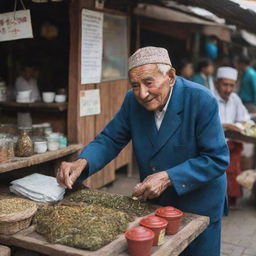 An 80-year-old man, dressed in traditional attire, selling flavorful tea from a wooden stall at a busy marketplace