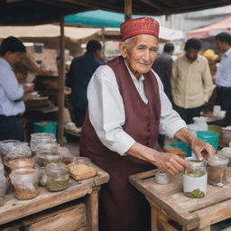 An 80-year-old man, dressed in traditional attire, selling flavorful tea from a wooden stall at a busy marketplace