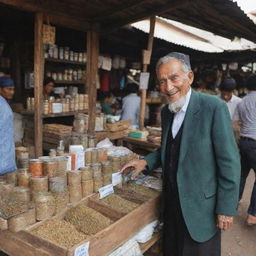 An 80-year-old man, dressed in traditional attire, selling flavorful tea from a wooden stall at a busy marketplace