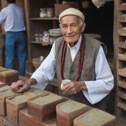 An 80-year-old man, dressed in traditional attire, selling flavorful tea from a wooden stall at a busy marketplace