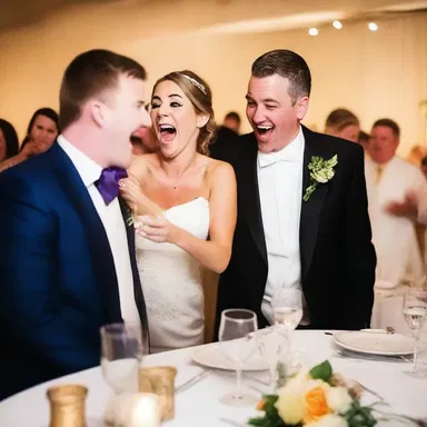 The photographer captured a funny, unposed moment during the wedding reception.