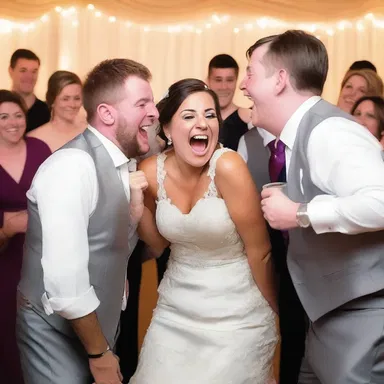 The photographer captured a funny, unposed moment during the wedding reception.