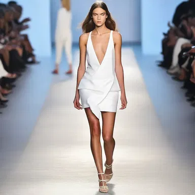 The runway model effortlessly walked in an unposed manner, showcasing the designer's clothing.