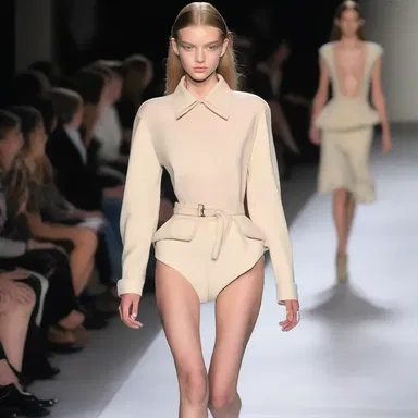 The runway model effortlessly walked in an unposed manner, showcasing the designer's clothing.