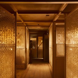 A quaint hotel with intricate partitions, illuminated by soft, yellow lamps