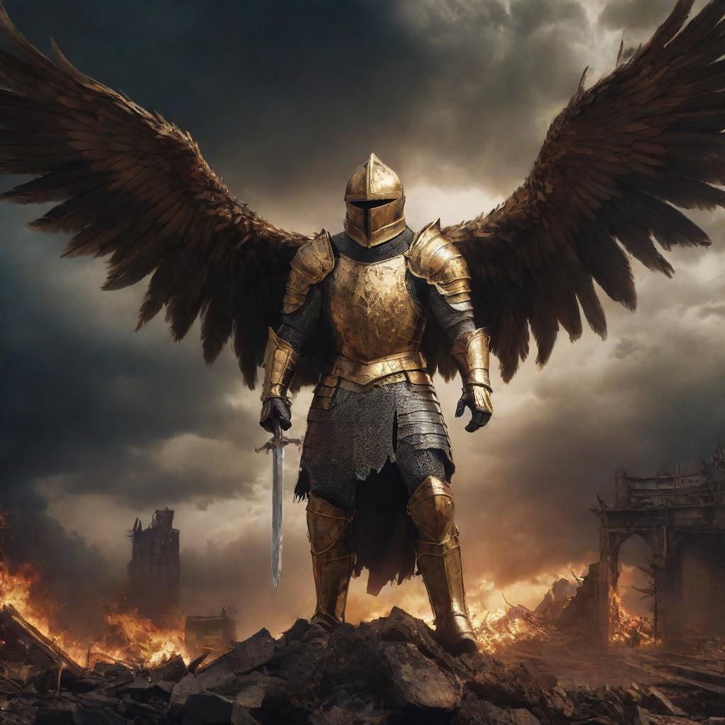 A realistic portrayal of a knight in golden armor, amidst a destroyed world under a thunderous sky, with a gigantic phoenix looming overhead. The tone is dark, and the approach artistic.