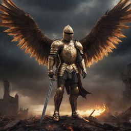 A realistic portrayal of a knight in golden armor, amidst a destroyed world under a thunderous sky, with a gigantic phoenix looming overhead. The tone is dark, and the approach artistic.