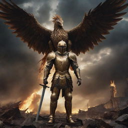 A realistic portrayal of a knight in golden armor, amidst a destroyed world under a thunderous sky, with a gigantic phoenix looming overhead. The tone is dark, and the approach artistic.