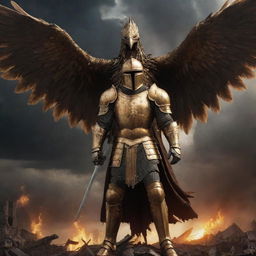 A realistic portrayal of a knight in golden armor, amidst a destroyed world under a thunderous sky, with a gigantic phoenix looming overhead. The tone is dark, and the approach artistic.