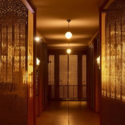 A quaint hotel with intricate partitions, illuminated by soft, yellow lamps