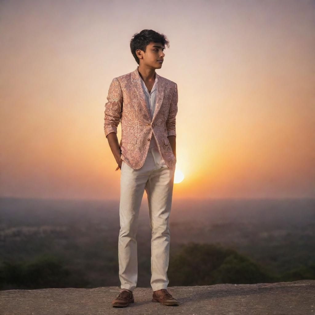 A stylish Indian boy standing alone during a breathtaking sunset