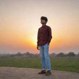 A stylish Indian boy standing alone during a breathtaking sunset