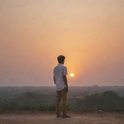 A stylish Indian boy standing alone during a breathtaking sunset