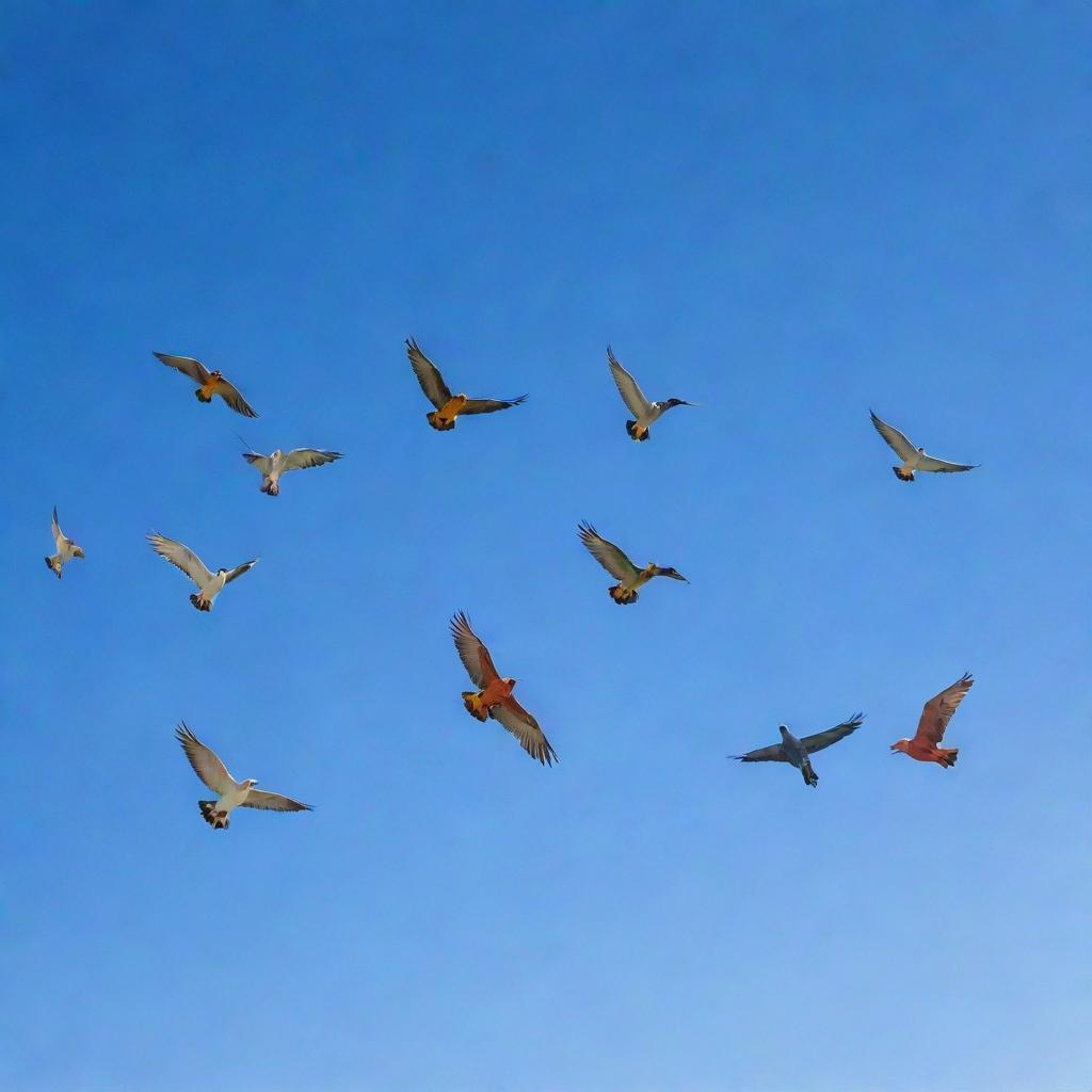 An image of a flock of colorful and exotic birds soaring across a clear blue sky