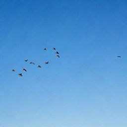 An image of a flock of colorful and exotic birds soaring across a clear blue sky