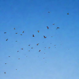 An image of a flock of colorful and exotic birds soaring across a clear blue sky