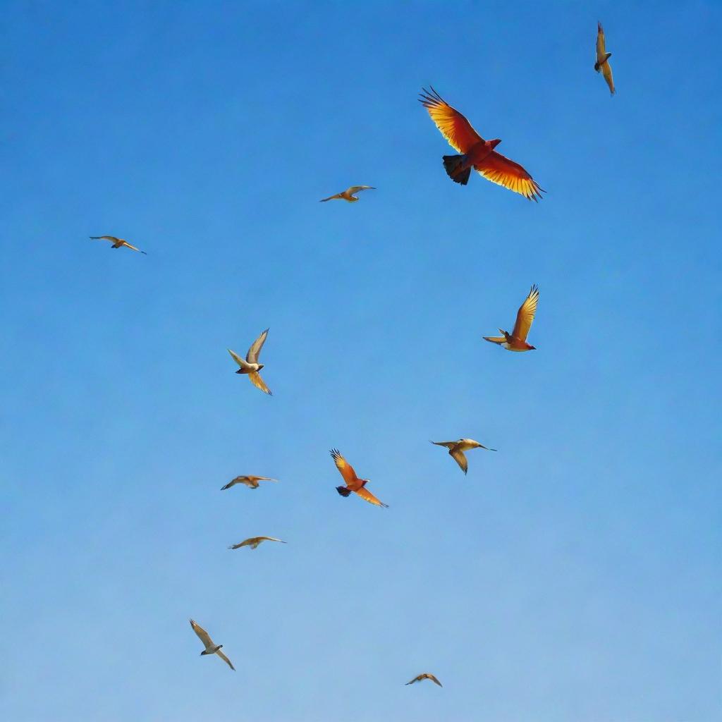 An image of a flock of colorful and exotic birds soaring across a clear blue sky