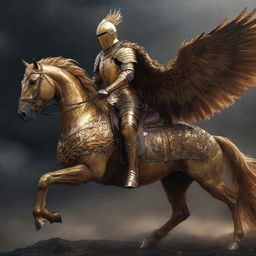 A realistic, artistic depiction of a knight in golden armor, now riding the gigantic phoenix using a saddle in a dark, thunderous, and destroyed world