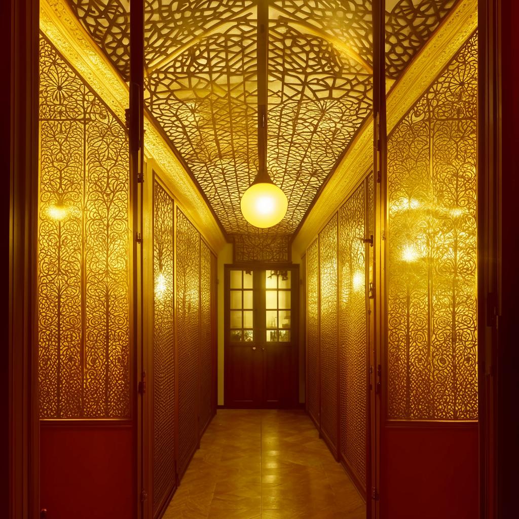 A quaint hotel with intricate partitions, illuminated by soft, yellow lamps