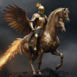 A realistic, artistic depiction of a knight in golden armor, now riding the gigantic phoenix using a saddle in a dark, thunderous, and destroyed world