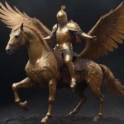 A realistic, artistic depiction of a knight in golden armor, now riding the gigantic phoenix using a saddle in a dark, thunderous, and destroyed world