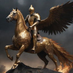 A realistic, artistic depiction of a knight in golden armor, now riding the gigantic phoenix using a saddle in a dark, thunderous, and destroyed world