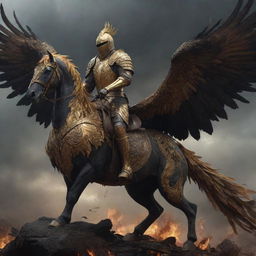 A realistic, dark, and artistic visualization of a knight in golden armor, riding atop a gigantic phoenix using an ornate saddle, in a world ravaged by destruction and filled with thunder