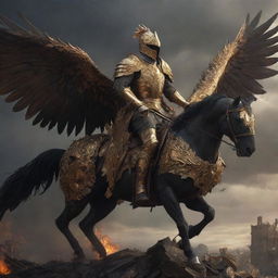 A realistic, dark, and artistic visualization of a knight in golden armor, riding atop a gigantic phoenix using an ornate saddle, in a world ravaged by destruction and filled with thunder