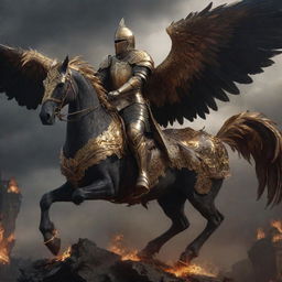 A realistic, dark, and artistic visualization of a knight in golden armor, riding atop a gigantic phoenix using an ornate saddle, in a world ravaged by destruction and filled with thunder