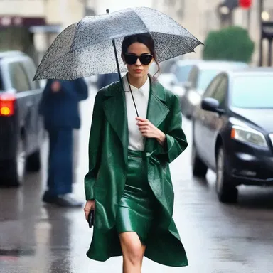 The rainy weather didn't dampen her stylish outfit; she confidently walked down the street wearing her designer clothes.