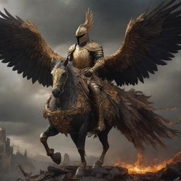 A realistic, dark, and artistic visualization of a knight in golden armor, riding atop a gigantic phoenix using an ornate saddle, in a world ravaged by destruction and filled with thunder