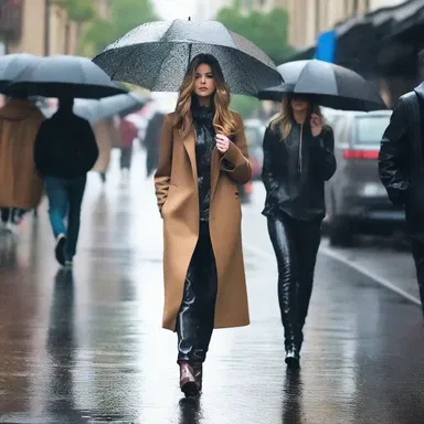 The rainy weather didn't dampen her stylish outfit; she confidently walked down the street wearing her designer clothes.