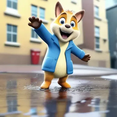 The cartoon character jumped into a puddle, dampening his fur and causing a humorous scene for the viewers.