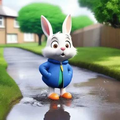 The cartoon character jumped into a puddle, dampening his fur and causing a humorous scene for the viewers.