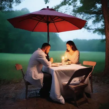 The rain dampened the mood of the outdoor candlelit dinner, but couldn't dampen their love for each other.
