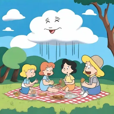 The raincloud in the cartoon dampened the mood of the characters' picnic.
