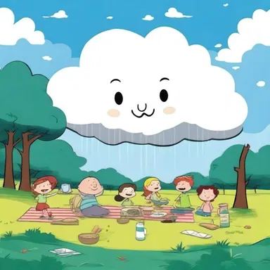 The raincloud in the cartoon dampened the mood of the characters' picnic.