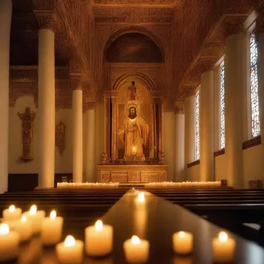 The soft glow of candlelight in the sanctuary dampened the image of the religious icon, adding a sense of reverence to the sacred space.