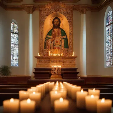 The soft glow of candlelight in the sanctuary dampened the image of the religious icon, adding a sense of reverence to the sacred space.