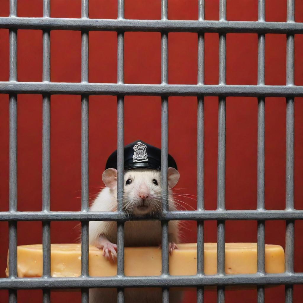 A surreal scene framed by a slice of holy cheese behind bars, mysteriously dripping red paint. In front of the bars, several rats donning police caps convey a sense of law and order